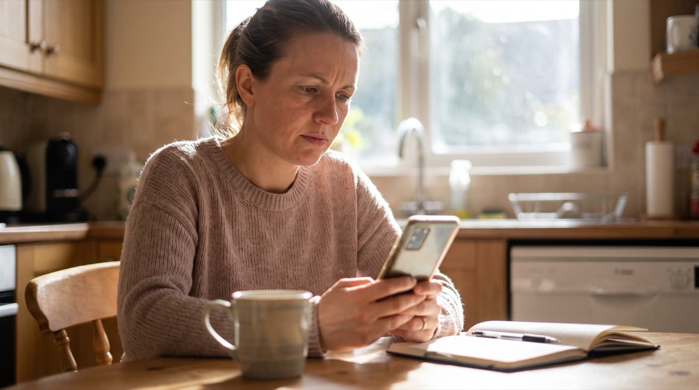A woman at a sunlit kitchen table studies her phone with a thoughtful, sceptical expression while deciding whether a dating app is genuinely free before signing up
