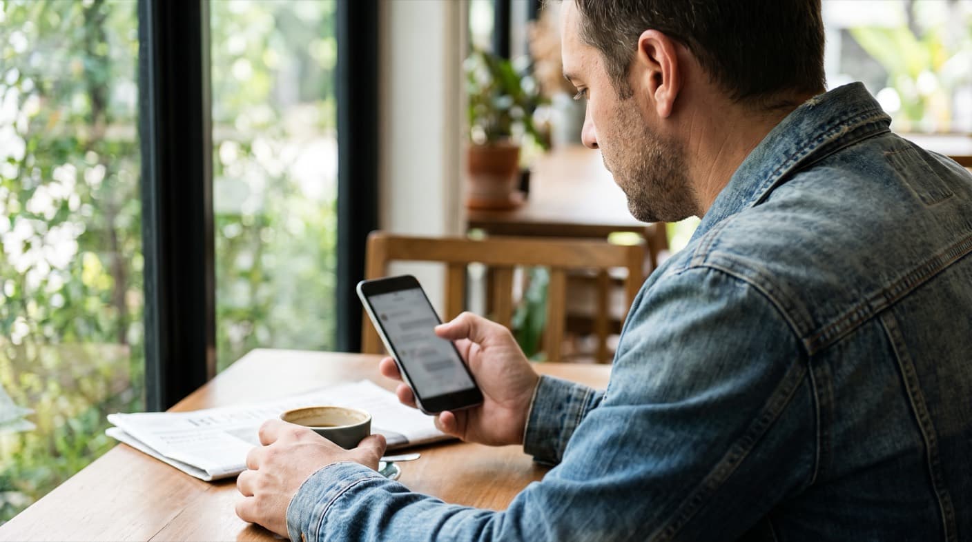 A man in a bright café carefully scrolls through the small print on his phone before installing an app, checking what it charges for