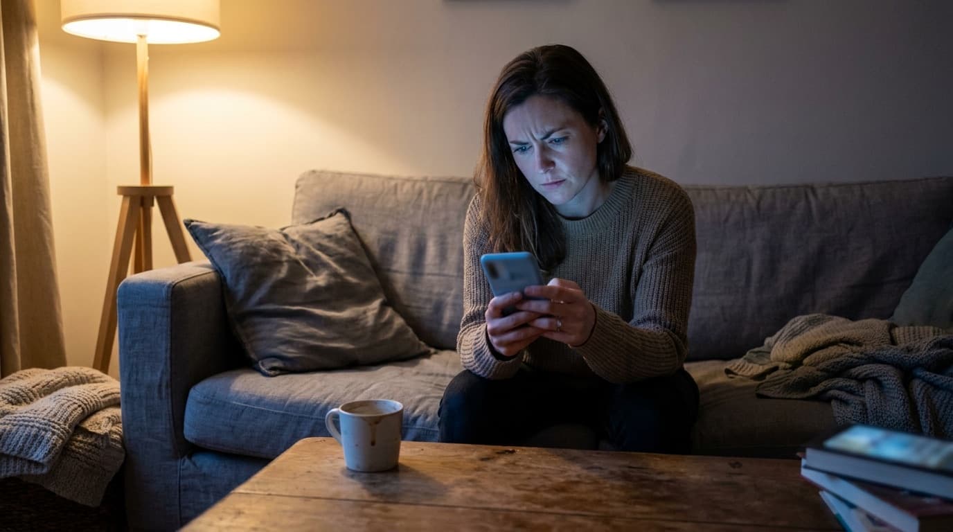 A woman on her sofa in the evening frowns at her phone as a dating site that seemed free asks her to pay before she can reply