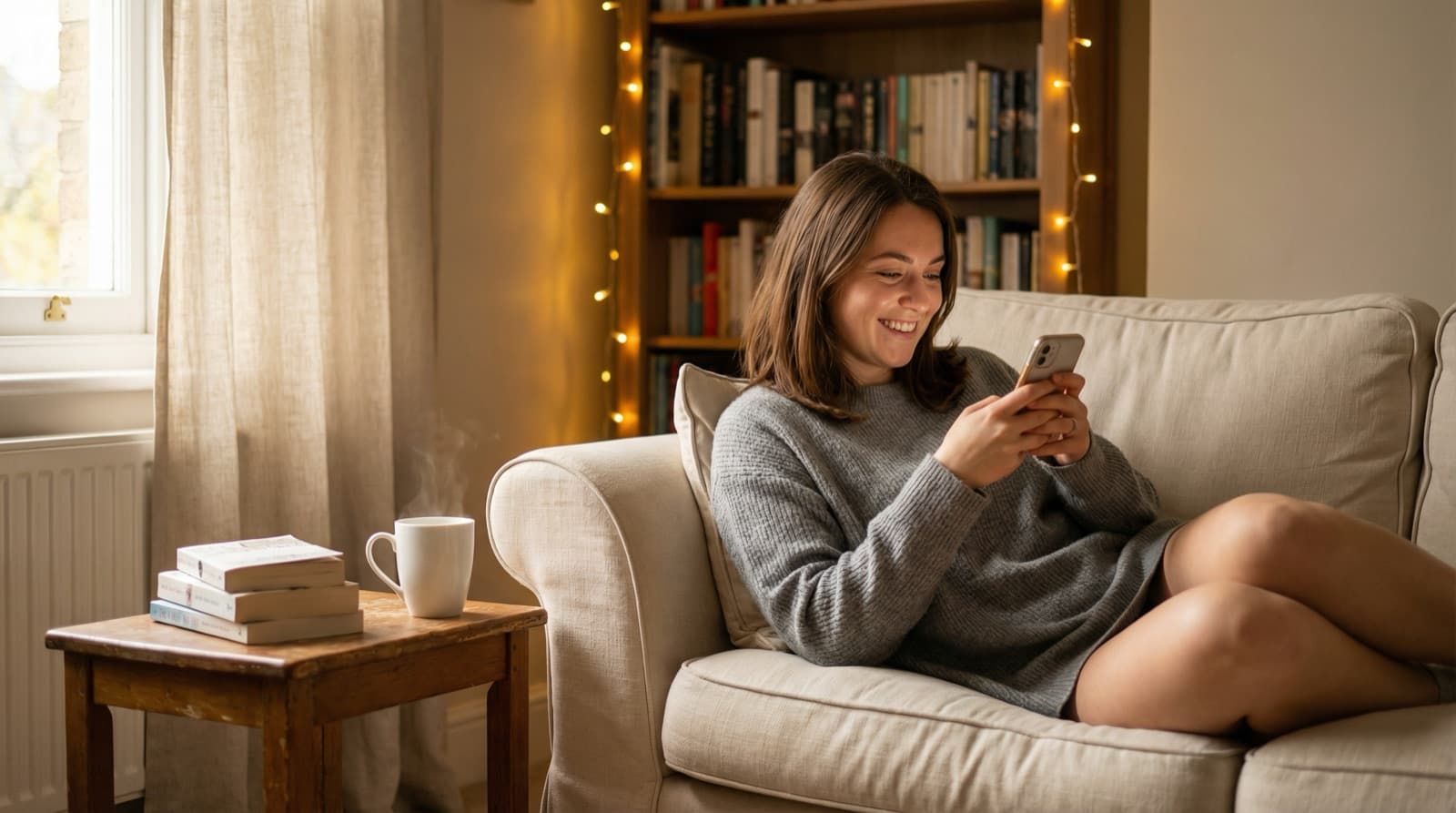 Person happily browsing a free dating app with unlimited messaging on their phone