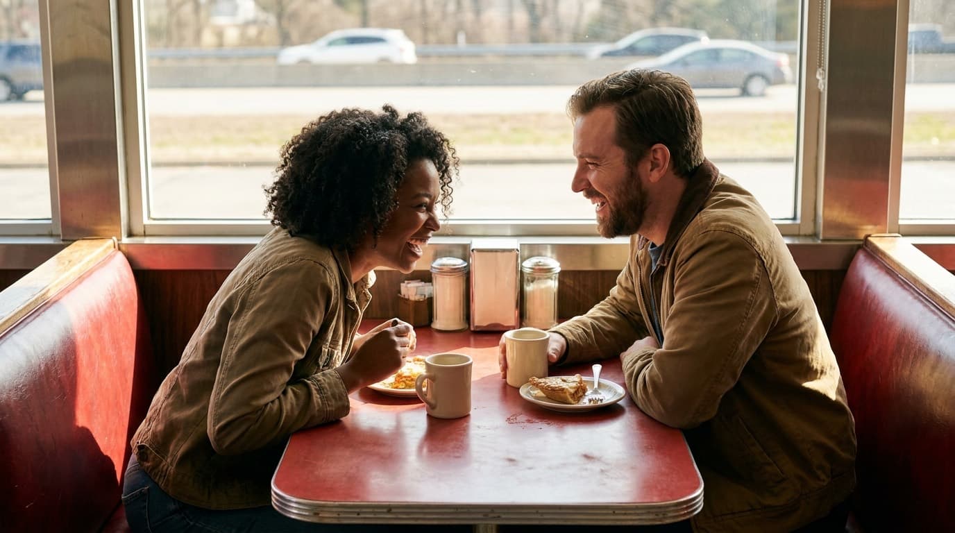 A smiling couple share coffee and pie in a red vinyl booth at a roadside diner, laughing on a first date with the highway visible through the window behind them