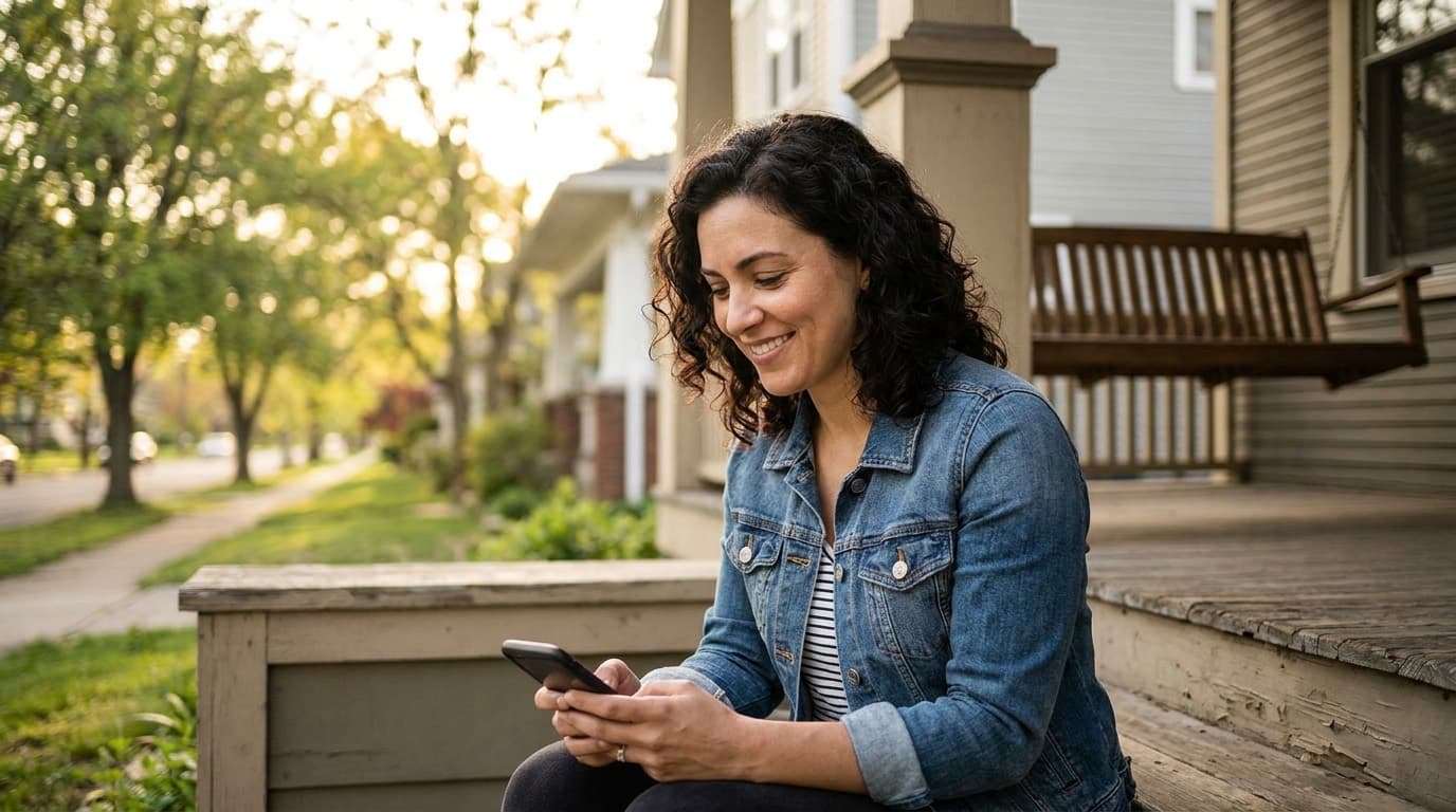 A woman sits on the porch steps of a craftsman house on a leafy American residential street at golden hour, smiling as she browses singles nearby on her phone