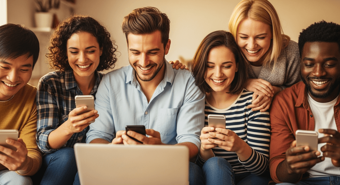 Diverse group of people from different countries connecting through smartphones and laptops for international online dating