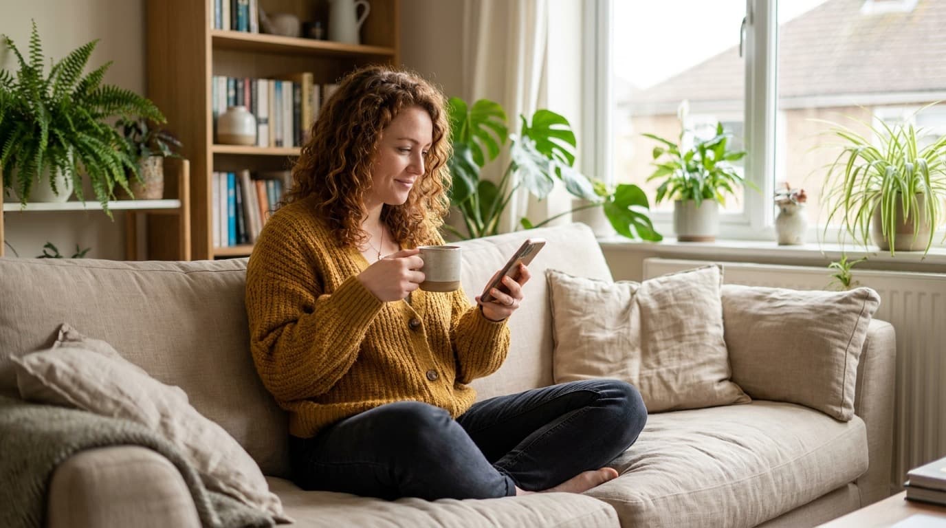 A woman with curly auburn hair in a mustard cardigan sits cross-legged on a sofa in a bright, plant-filled living room, holding a mug of tea and reading a profile on her phone with a small, considered smile