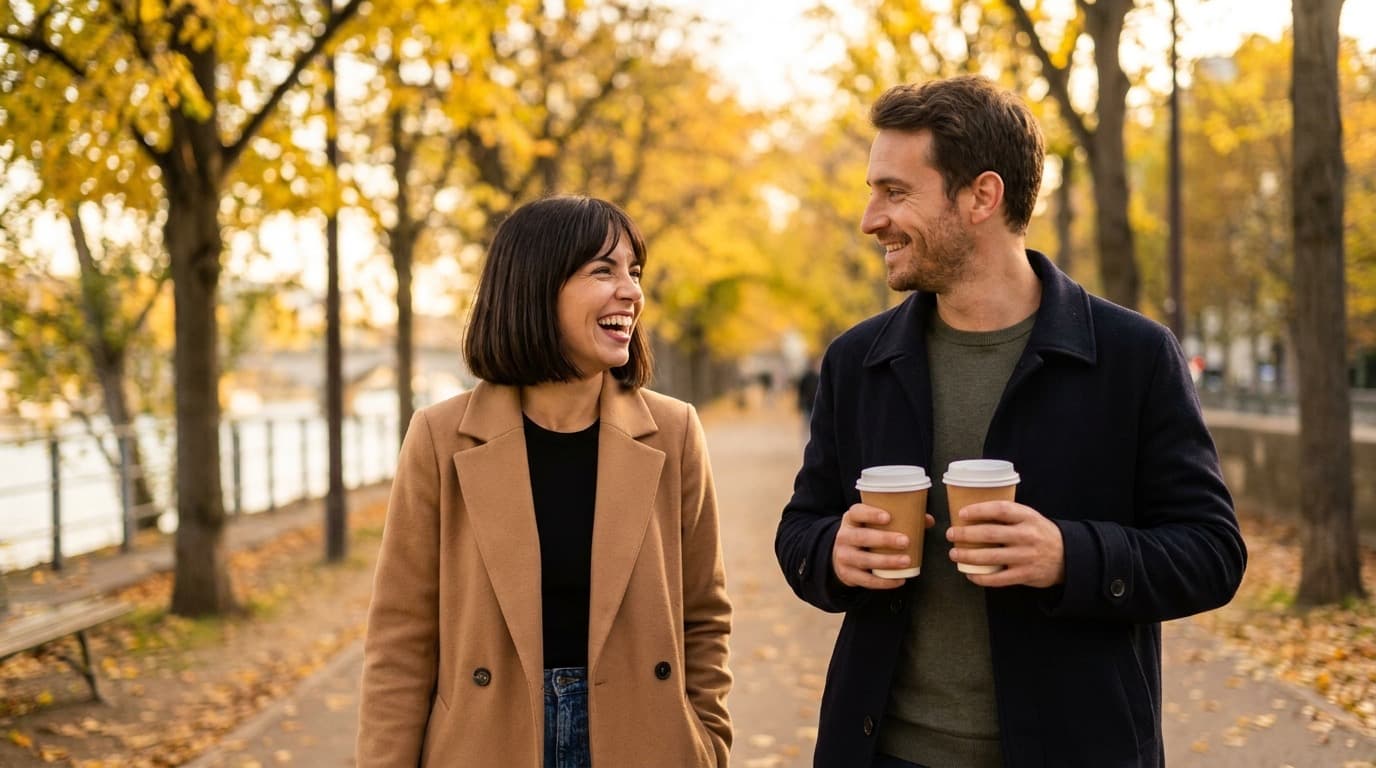 A laughing woman with a dark bob and a camel coat walks beside a smiling bearded man carrying two takeaway coffees along a tree-lined riverside path on a golden autumn afternoon