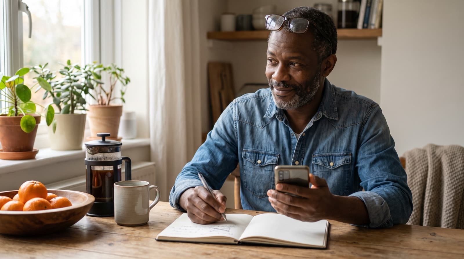 A smiling man in his forties with greying hair and glasses pushed up on his head sits at a wooden kitchen table with his phone in one hand and a pen in the other, a notebook, coffee and a bowl of clementines in front of him
