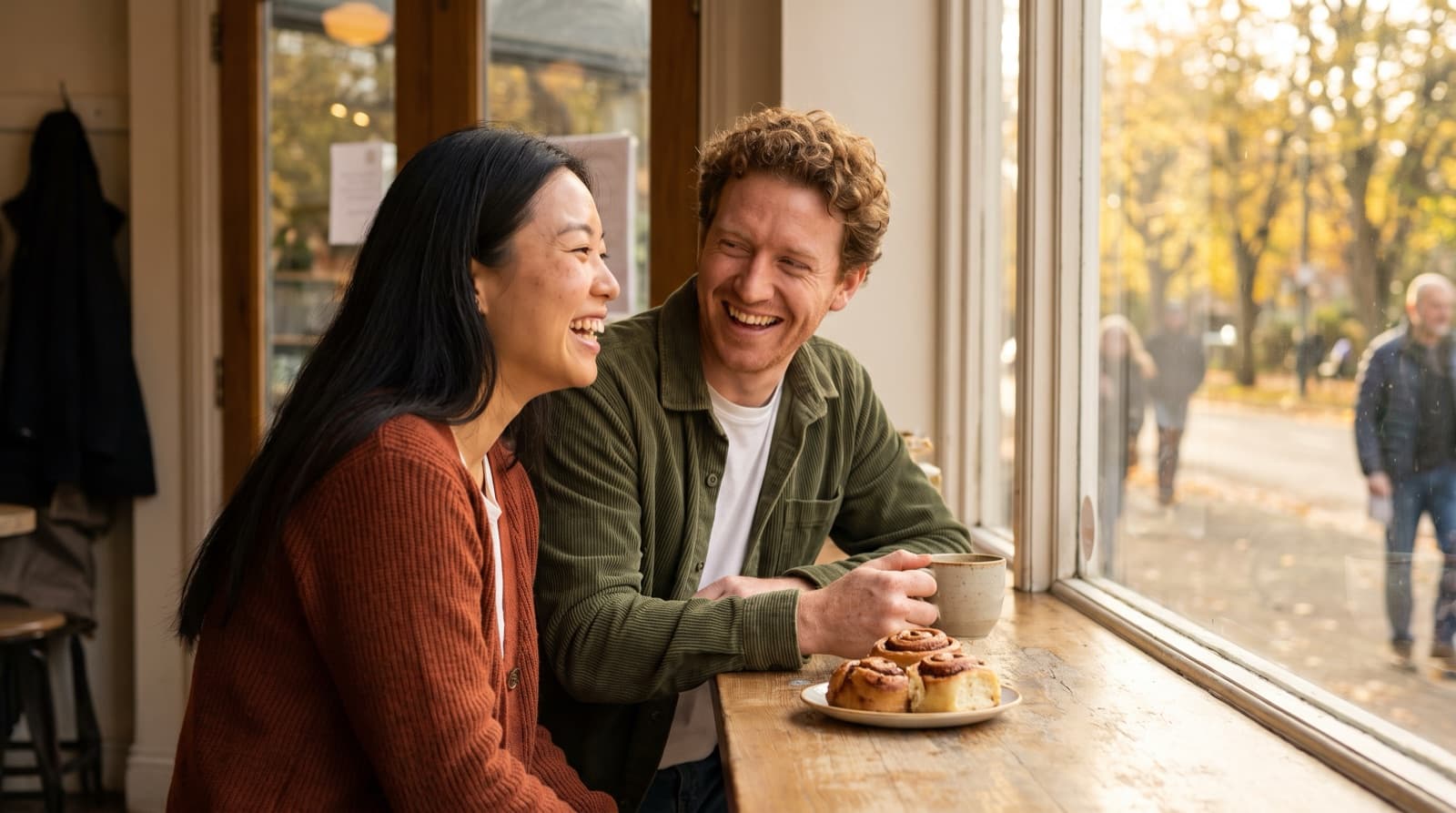 A laughing couple on a first date sit side by side at the window counter of a cosy bakery café, she in a rust-coloured cardigan and he in a green corduroy jacket holding a coffee, with cinnamon buns between them and an autumn street outside