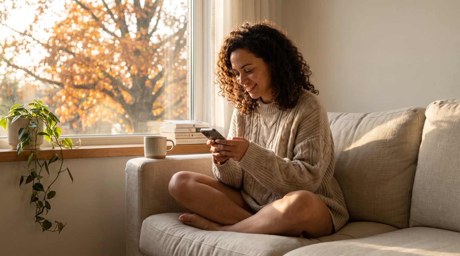 A smiling woman with curly dark hair, wearing an oversized cream jumper, sits cross-legged on a sofa by a sunny window and edits something on her phone, with an autumn tree glowing orange outside