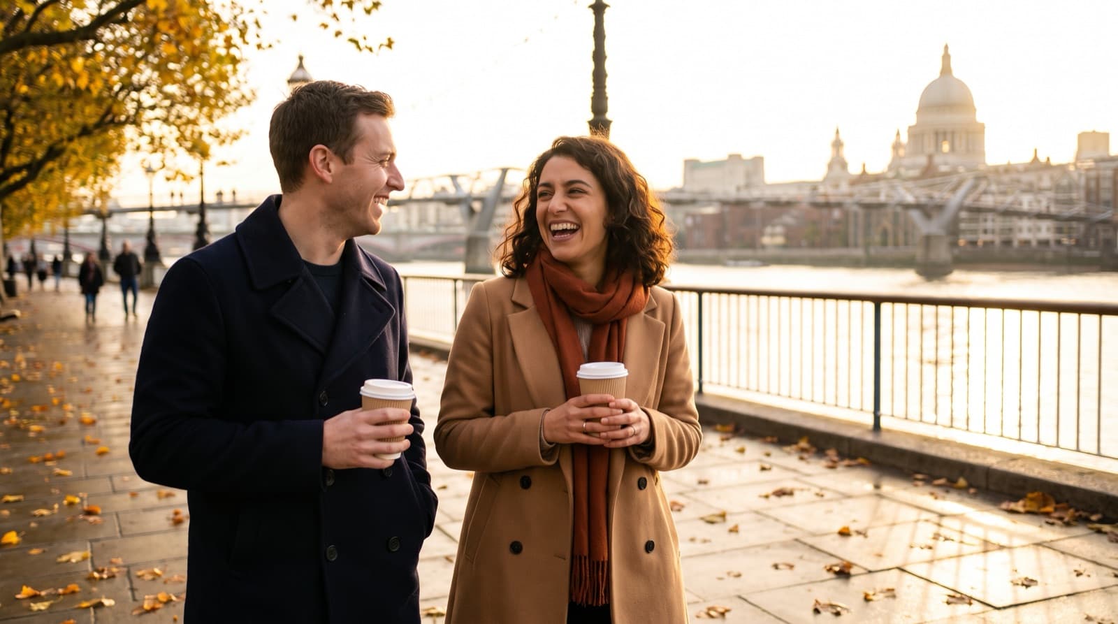 A laughing couple holding takeaway coffees stroll along the South Bank on a golden autumn afternoon, with the Millennium Bridge and the dome of St Paul's Cathedral behind them across the Thames