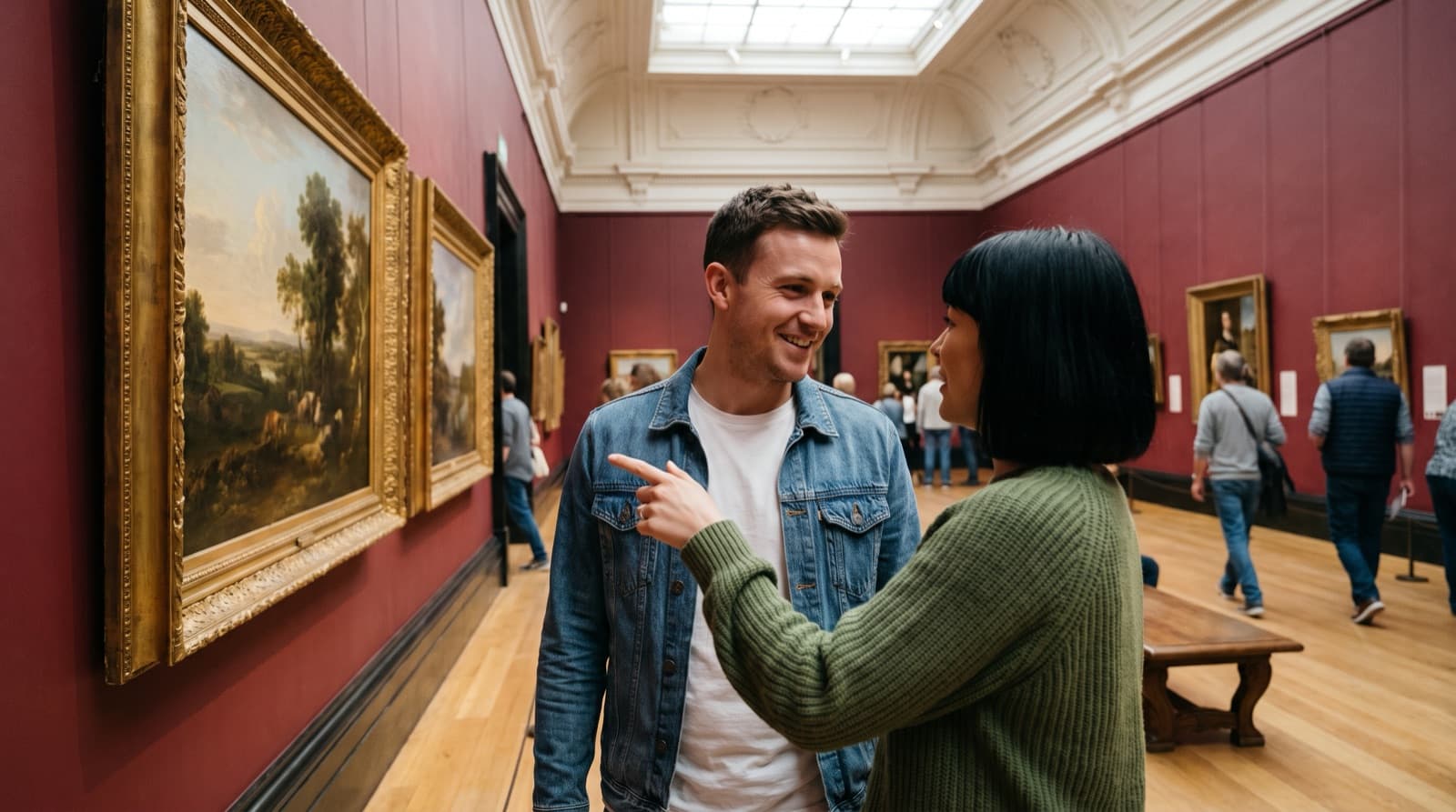 A smiling couple on a first date in a free London art gallery, the woman in a green jumper pointing at a gilt-framed landscape painting on a deep red wall while the man in a denim jacket looks at her instead of the picture
