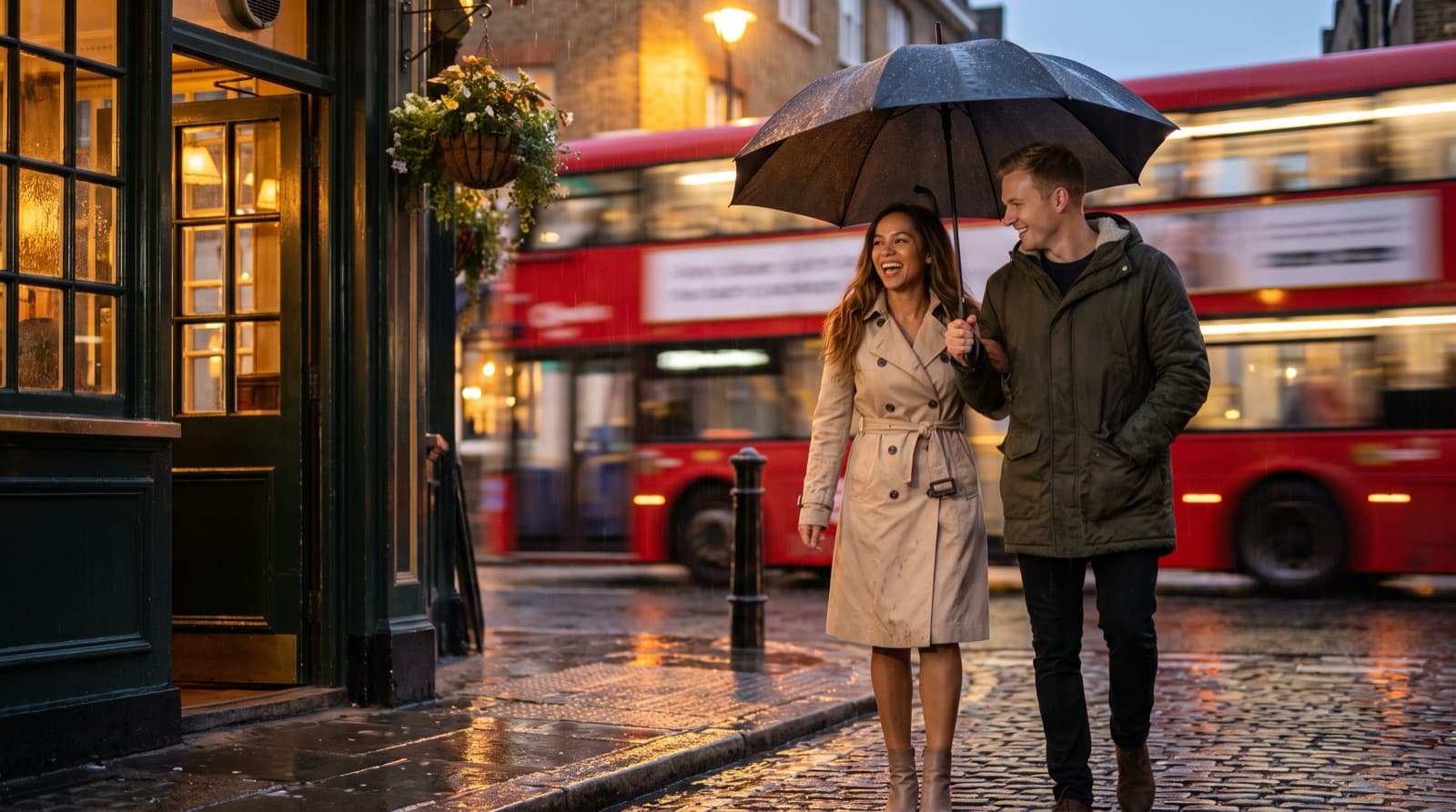 A couple sharing a large black umbrella laugh as they walk along a wet cobbled London street at dusk towards the warmly lit windows of a traditional pub, with a red double-decker bus blurred behind them