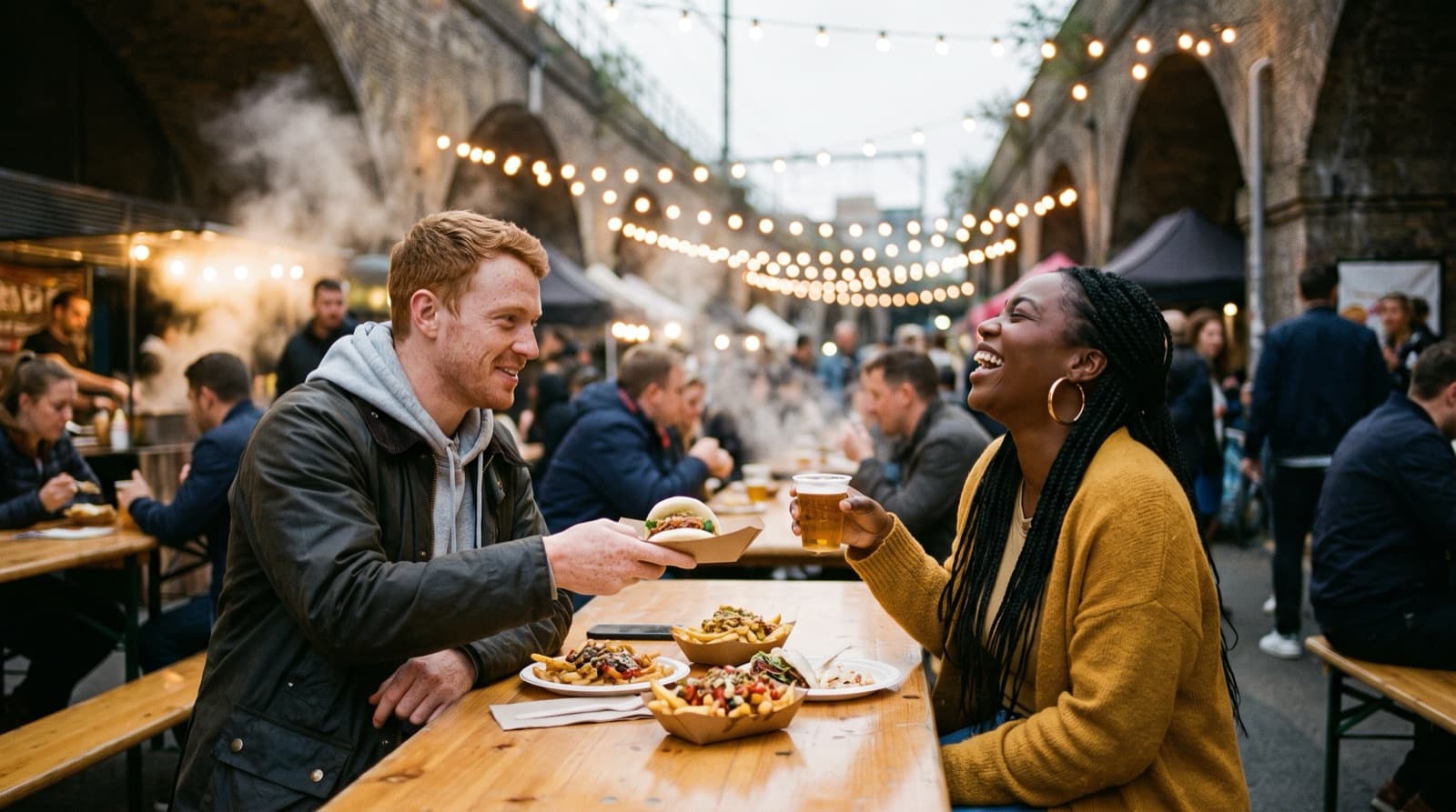 A first-date couple laughing at a long wooden table in a street food market under London railway arches, the man offering the woman a bao bun from his tray beneath strings of warm festoon lights