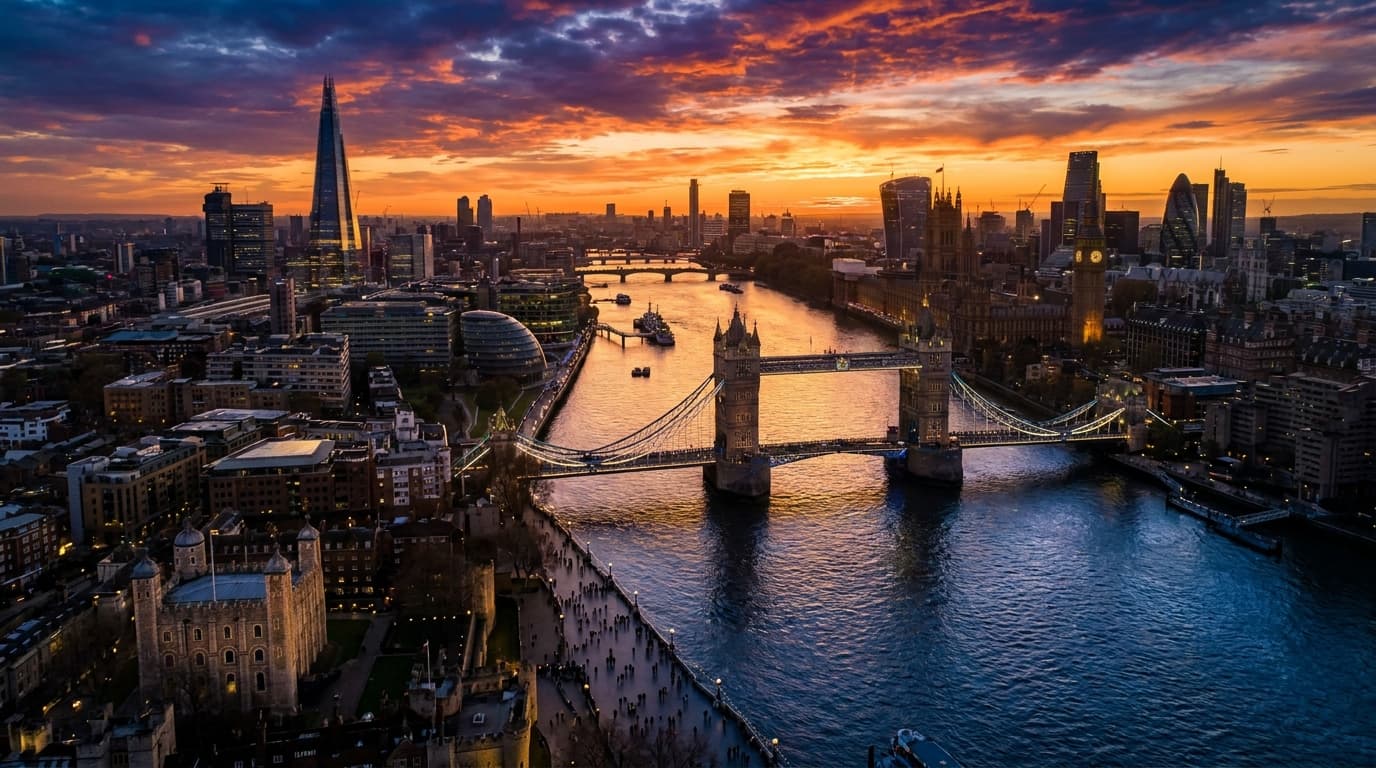 Aerial view of London at sunset with the Thames winding through the city and Tower Bridge visible