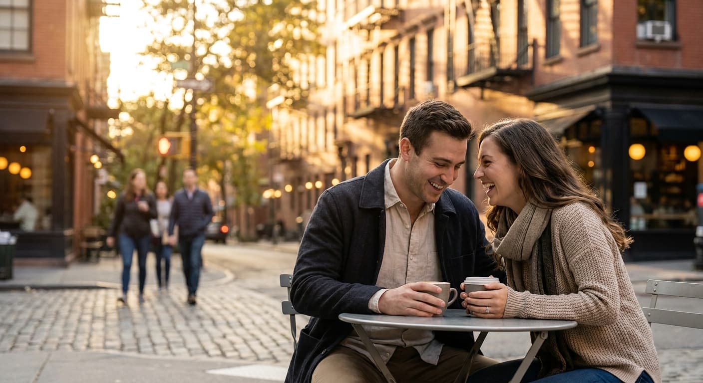 Two young professionals sharing coffee and laughter at a sunlit outdoor café table in New York City, West Village brownstones visible in the background, warm golden afternoon light