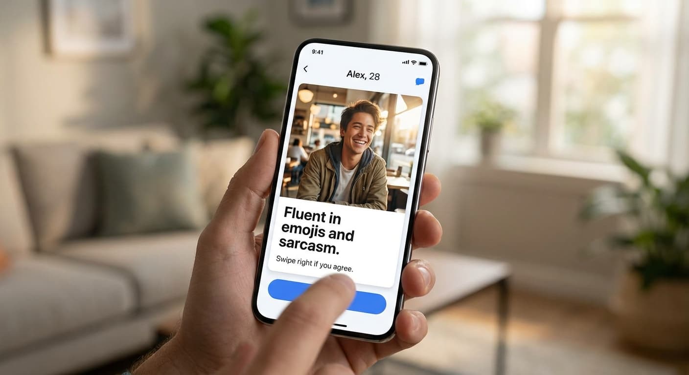 A dating app profile on a smartphone showing a clean, minimal profile with a short punchy bio that stands out