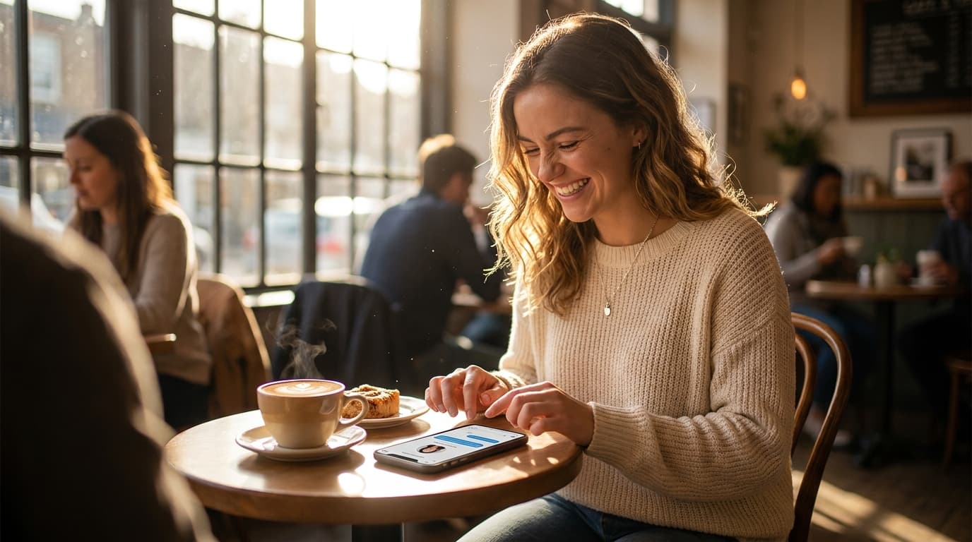 A confident woman smiling while chatting on her phone at a sunlit café, looking engaged and present in an online dating conversation