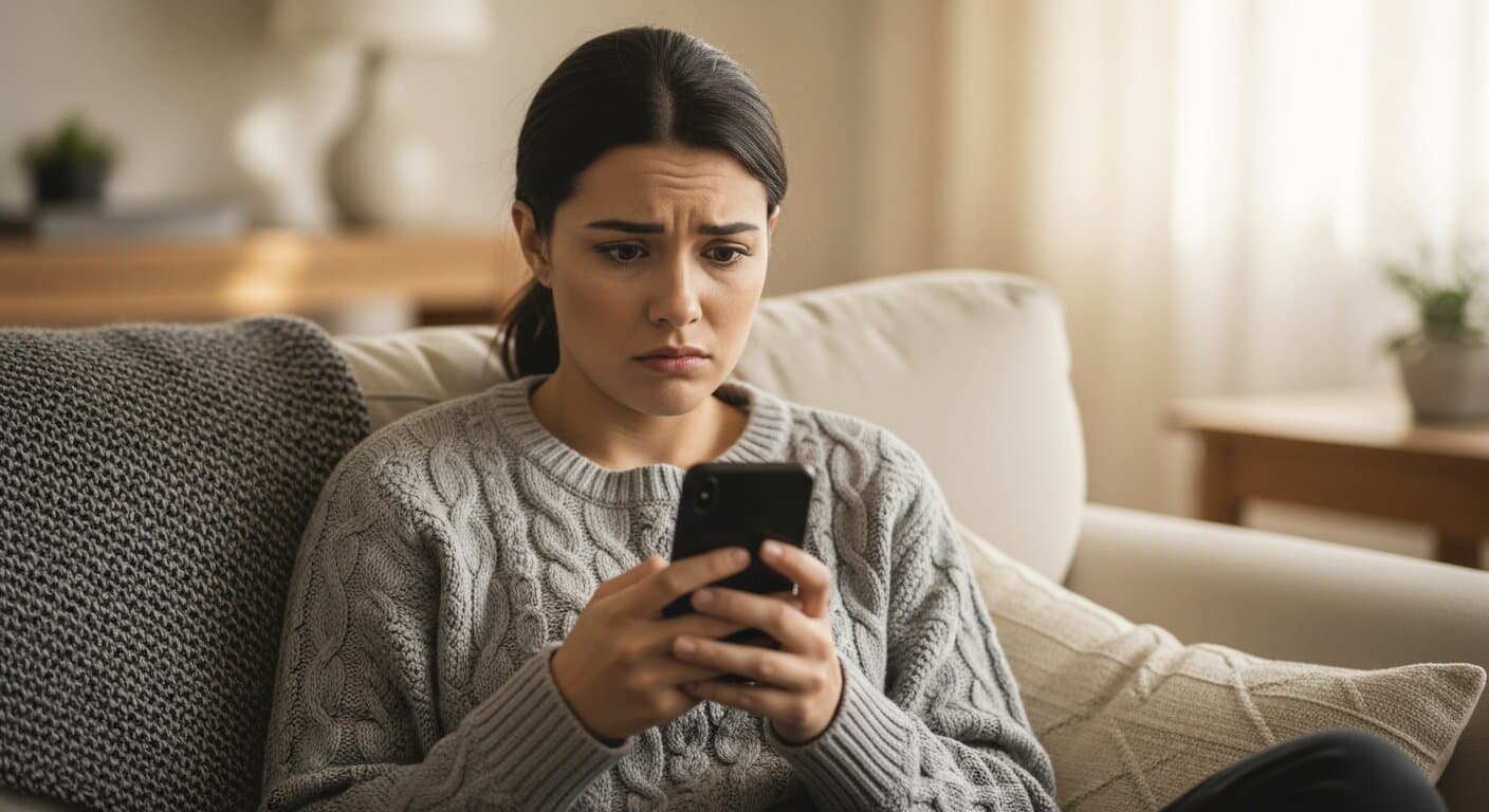 A young woman sitting on a couch holding her smartphone with a contemplative expression, waiting for a reply from an online match who has gone quiet