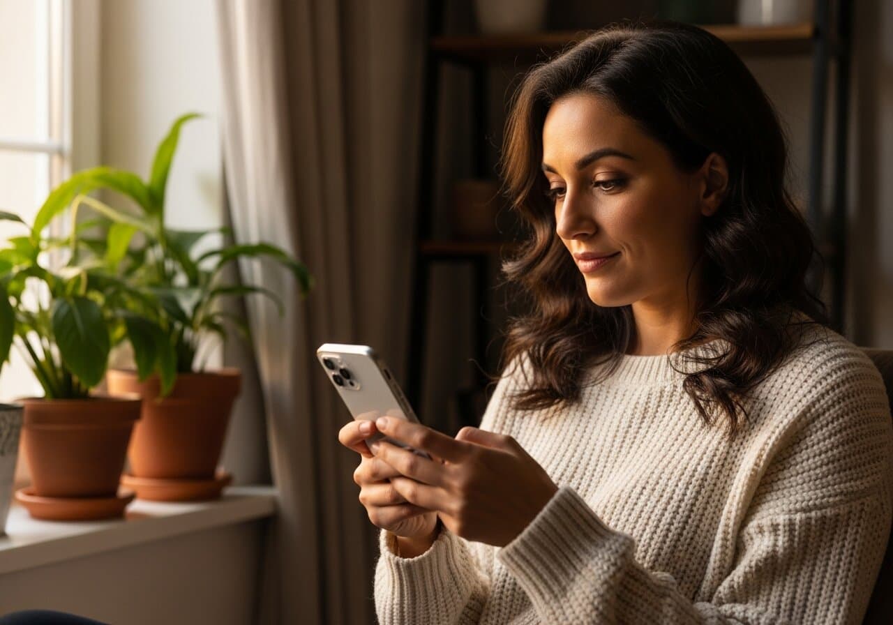 A woman sitting by a window in natural light, calmly composing a message on her smartphone with a thoughtful and composed expression