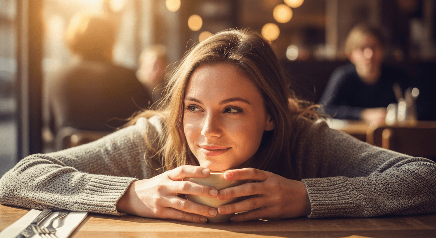 A thoughtful young woman sitting in a sunlit café, looking hopeful and content, holding a coffee cup