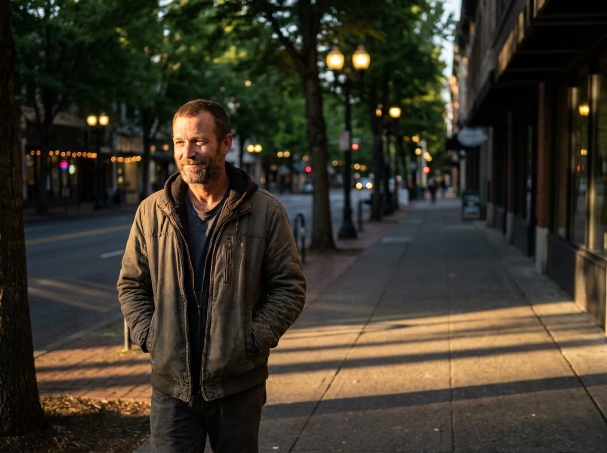 A relaxed person walking outside in the early evening, smiling slightly, calm and present before heading to a first date