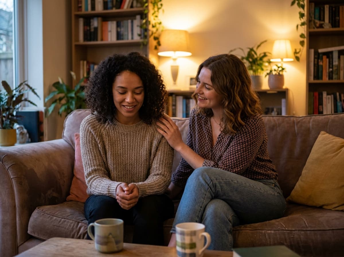 Two friends sitting together on a sofa, one offering calm reassurance to the other before a date, warm indoor lighting