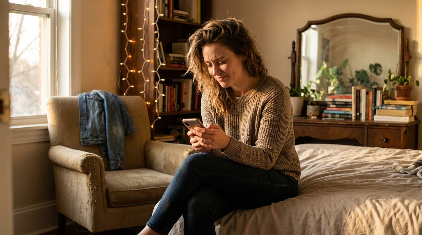 A woman sitting on her bed getting ready, looking calmly at her phone before a first date, soft warm evening light