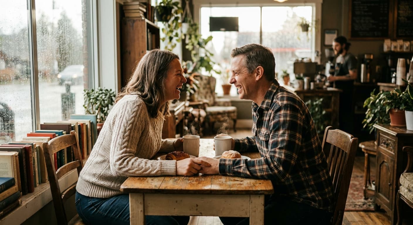 A couple laughing together over coffee at a cosy café, genuine joy and connection visible in their expressions, warm natural light
