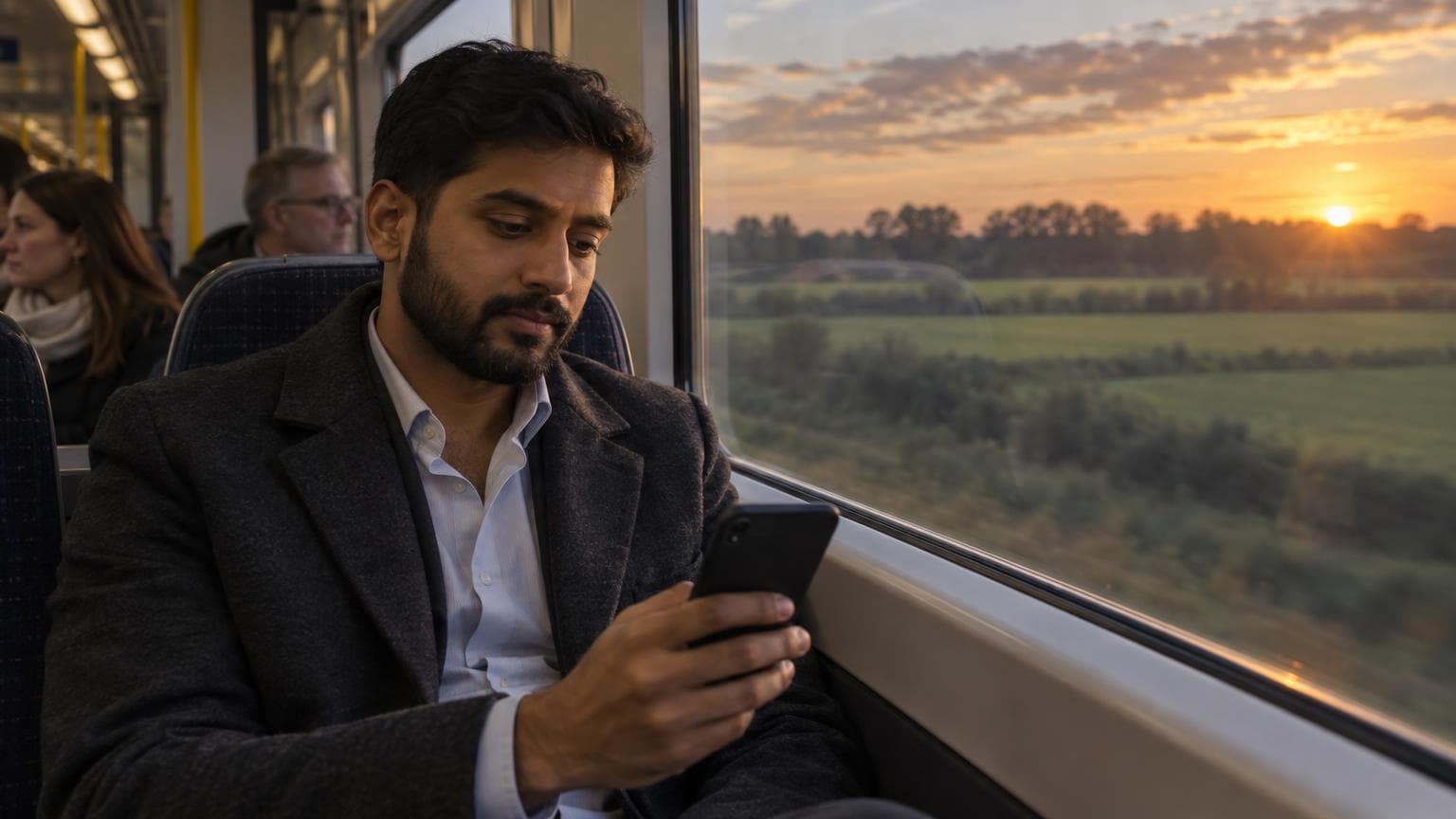A bearded man in a charcoal overcoat looks thoughtfully at his phone on an evening commuter train as the sun sets over green fields outside the window