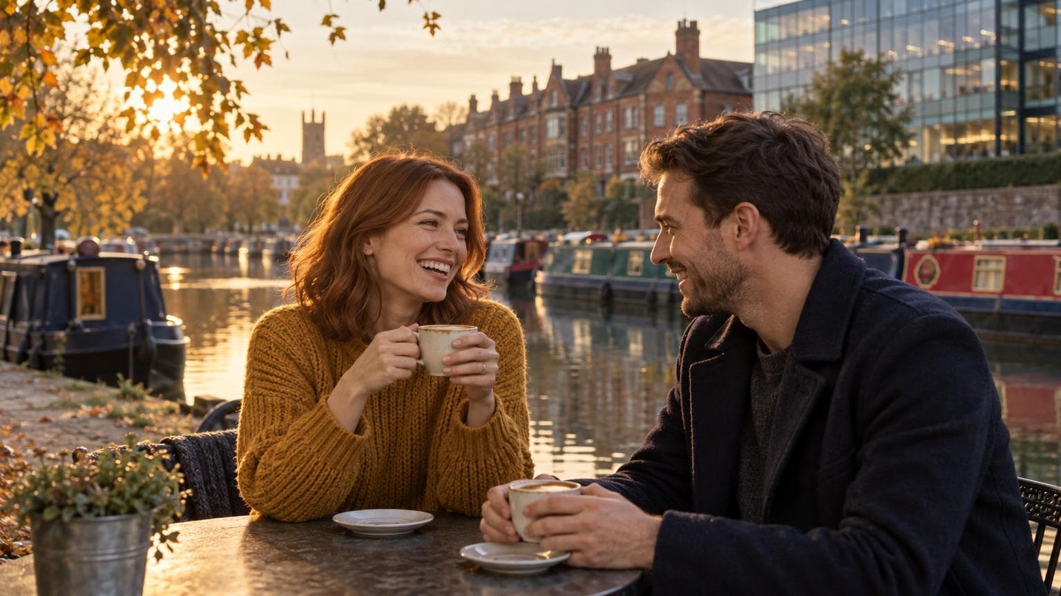 A laughing couple share coffee at an outdoor café table beside a calm river at golden hour, with colourful narrowboats moored behind them and red-brick buildings and a modern glass office block on the far bank