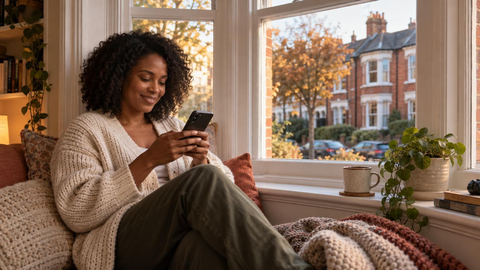 A smiling woman with curly hair, wrapped in a cream cardigan, types a message on her phone in the bay window of a red-brick Victorian terraced house, with a mug of tea on the sill and an autumn street outside