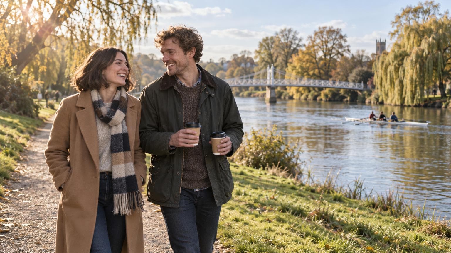 A laughing couple walk along a riverside path through a green meadow on a sunny autumn afternoon, he carrying two takeaway coffees, with a rowing crew on the water and a white footbridge in the distance
