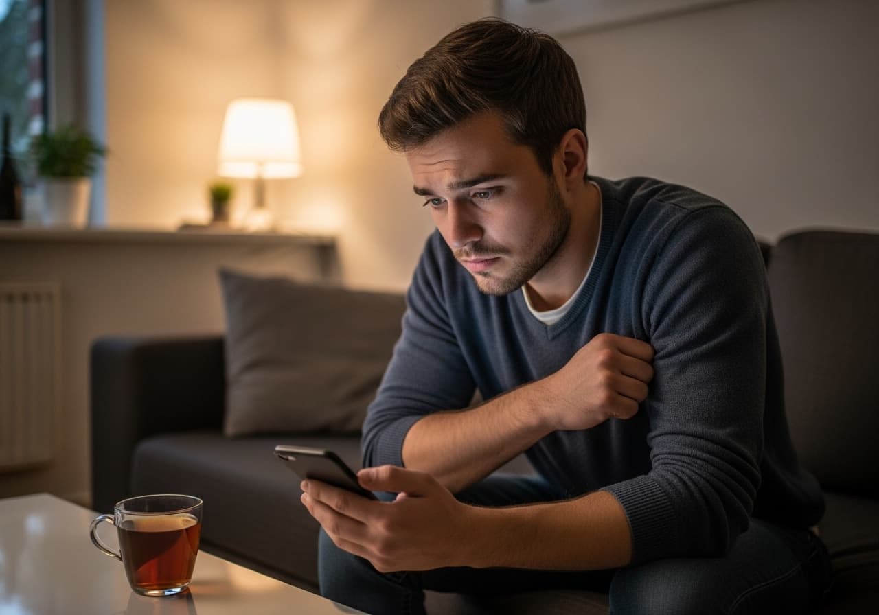 A young man sitting on a couch at home in the evening, looking at his phone with a thoughtful expression, soft warm lamplight filling the room