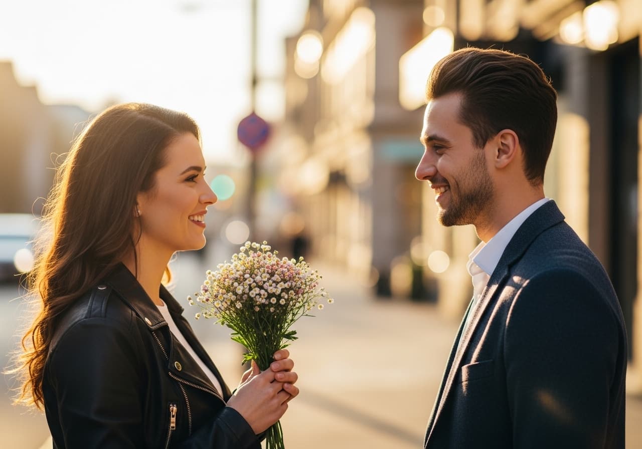 A happy couple meeting for the first time in person on a sunlit city street, both smiling warmly at each other, golden hour light